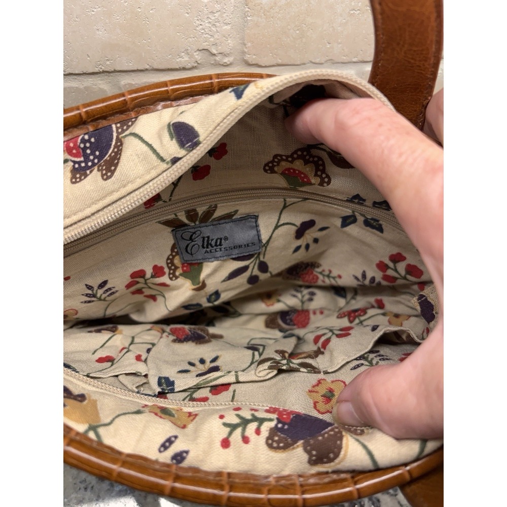 Vtg Y2K Elka Woven Straw Floral Satchel Purse Croc Leather Handle Boho Handbag - Picture 11 of 13